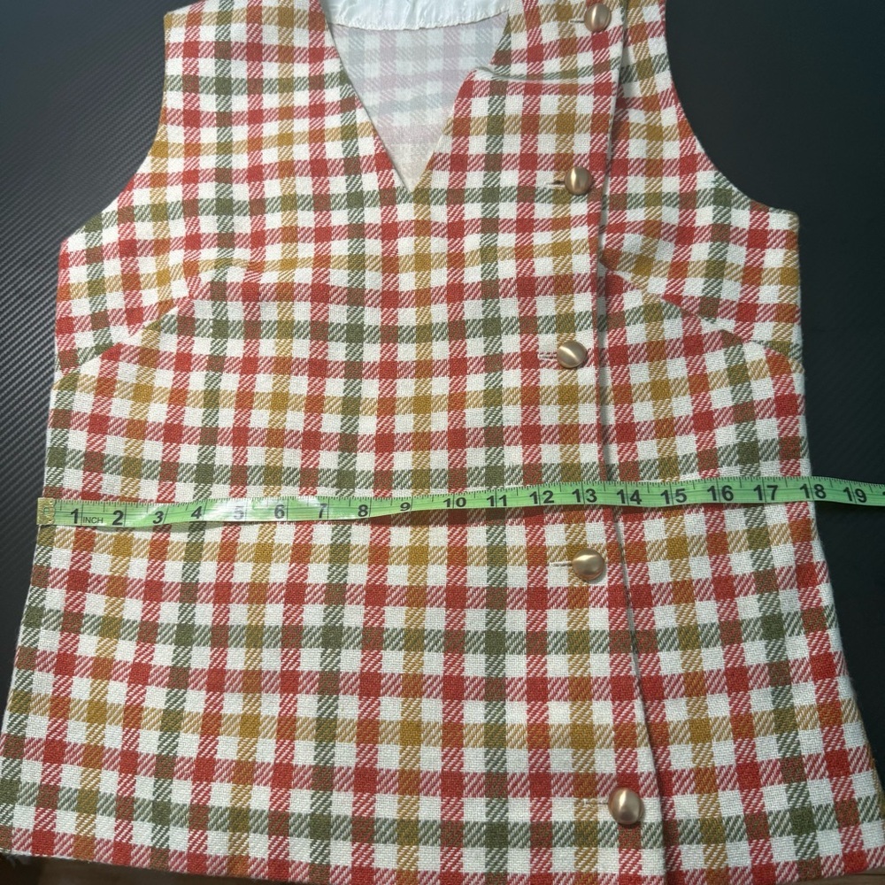 Vintage Plaid Wool Vest Shirt Gold Buttons Overlap Front Sleeveless Sz M - Picture 7 of 9